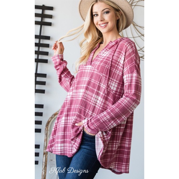 ❤️LAST 1! V Neck Soft Check Print Relaxed Fit Hoodie! - Picture 4 of 8